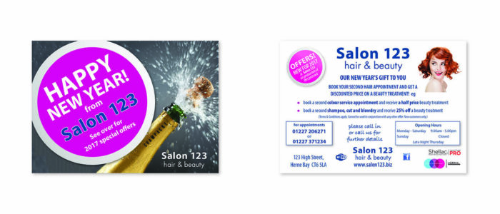 A5 flyer for Salon 123 with champagne cork popping for the new year. Description of what's available on reverse.