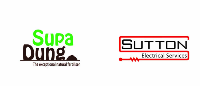 Supa Dung logo in green and brown, Sutton Electrical Services logo in red and black.